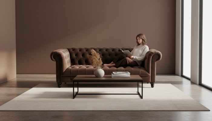 Sofá de terciopelo marrón de lujo Chesterfield con botones, de tres plazas.