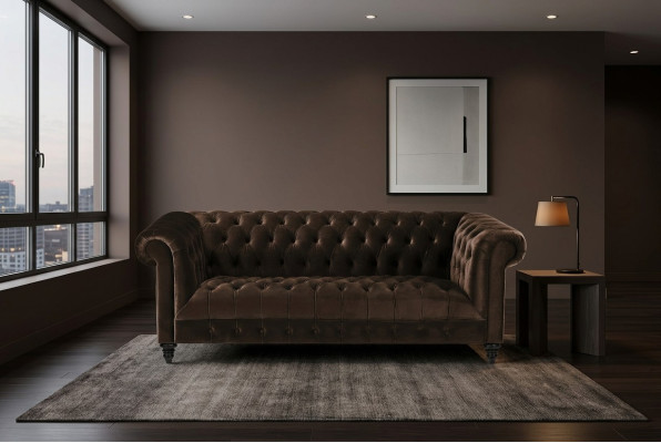 Sofá de terciopelo marrón de lujo Chesterfield con botones, de tres plazas.