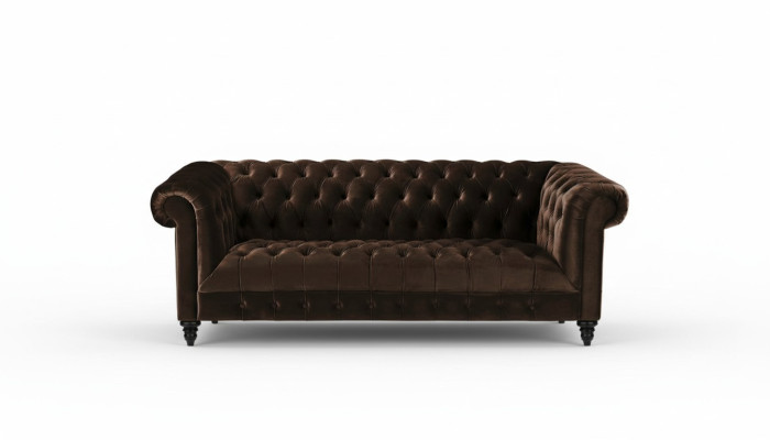Sofá de terciopelo marrón de lujo Chesterfield con botones, de tres plazas.