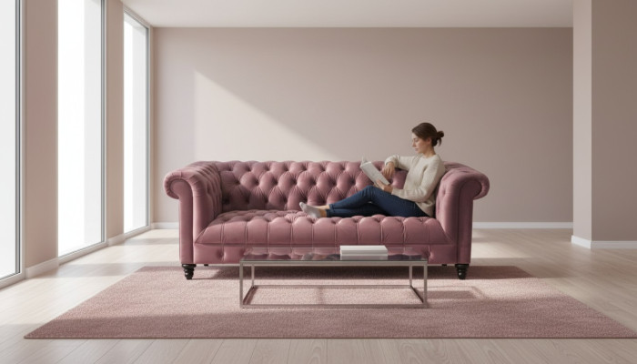 Sofá de lujo de terciopelo fucsia Chesterfield con botones de tres plazas