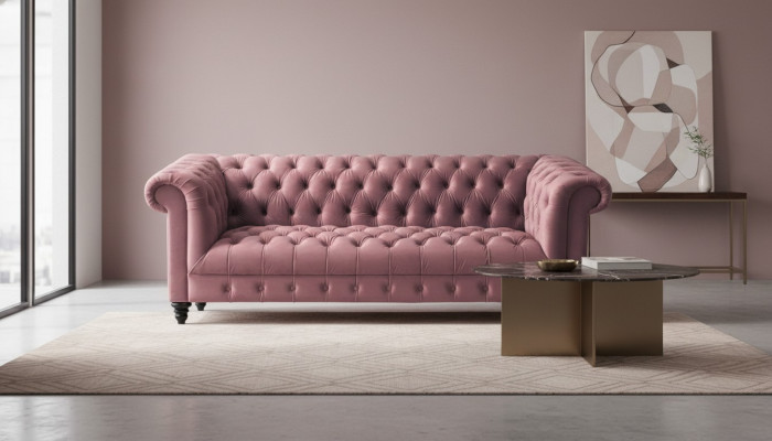 Sofá de lujo de terciopelo fucsia Chesterfield con botones de tres plazas