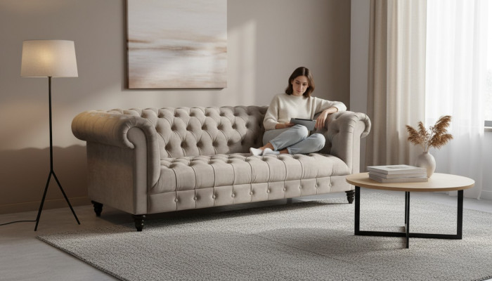 Sofá de terciopelo beige de lujo Chesterfield con botones, de tres plazas.