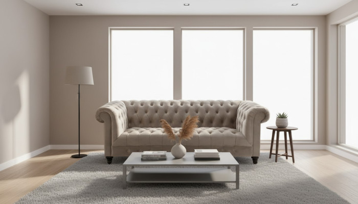 Sofá de terciopelo beige de lujo Chesterfield con botones, de tres plazas.