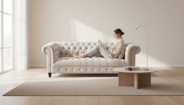 Chesterfield Beige Terciopelo Sofá de lujo con botones de muebles tapizados tres plazas.