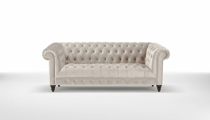 Chesterfield Beige Terciopelo Sofá de lujo con botones de muebles tapizados tres plazas.