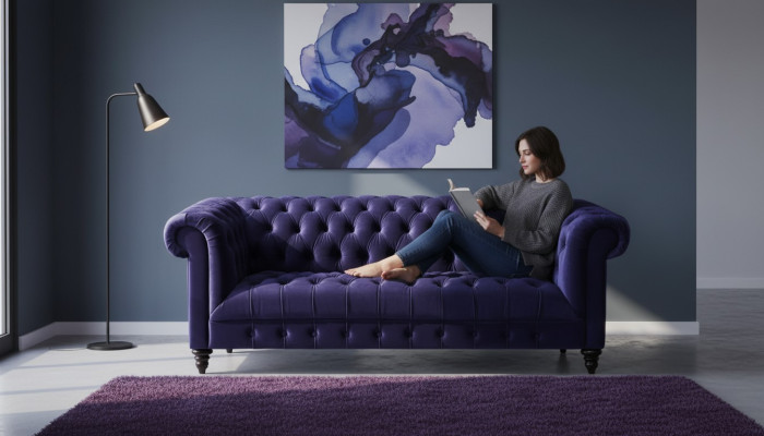 Chesterfield Sofá de Terciopelo Lila de Lujo con Botones, Tres Plazas