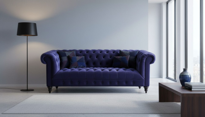 Chesterfield Sofá de Terciopelo Lila de Lujo con Botones, Tres Plazas