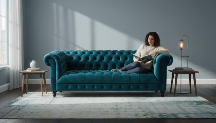 Sofá de terciopelo Chesterfield Turquesa de lujo con botones, de tres plazas.