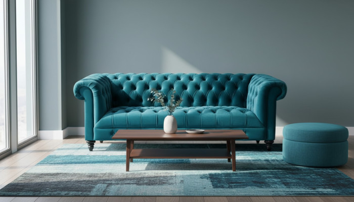 Sofá de terciopelo Chesterfield Turquesa de lujo con botones, de tres plazas.