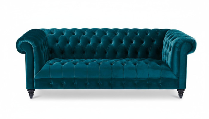 Sofá de terciopelo Chesterfield Turquesa de lujo con botones, de tres plazas.