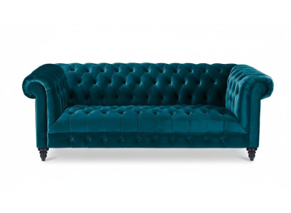 Sofá de terciopelo Chesterfield Turquesa de lujo con botones, de tres plazas.