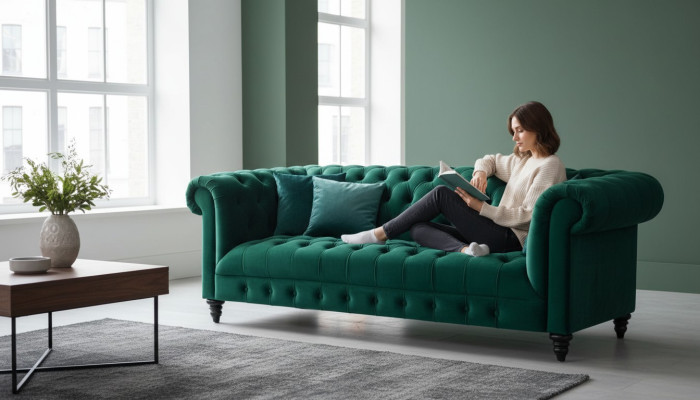 Chesterfield verde turquesa sofá de lujo con botones, tapizado en terciopelo para tres personas