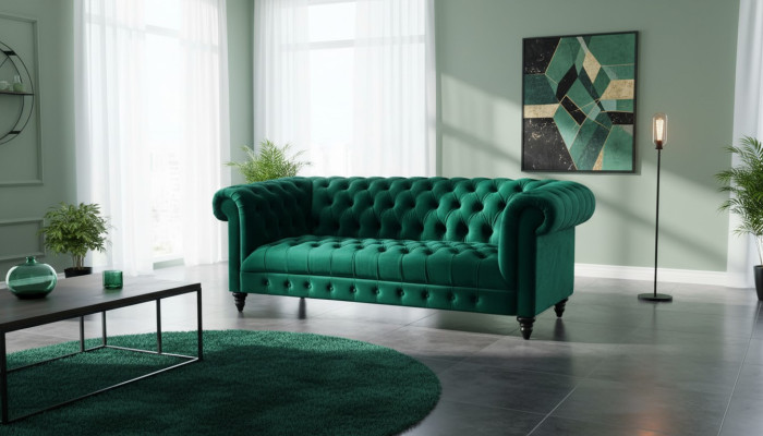 Chesterfield verde turquesa sofá de lujo con botones, tapizado en terciopelo para tres personas