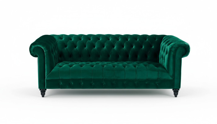 Chesterfield verde turquesa sofá de lujo con botones, tapizado en terciopelo para tres personas