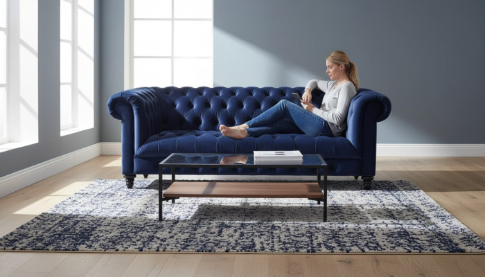 Nuevo sofá Chesterfield de 220 cm de diseño, tapizado de tela, de color azul marino, con capacidad para tres personas.