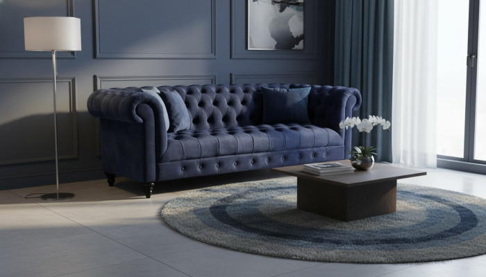 Nuevo sofá Chesterfield de 220 cm de diseño, tapizado de tela, de color azul marino, con capacidad para tres personas.
