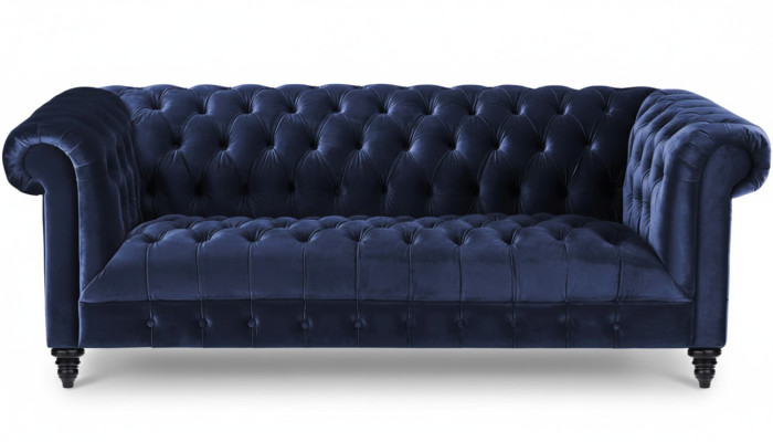 Nuevo sofá Chesterfield de 220 cm de diseño, tapizado de tela, de color azul marino, con capacidad para tres personas.