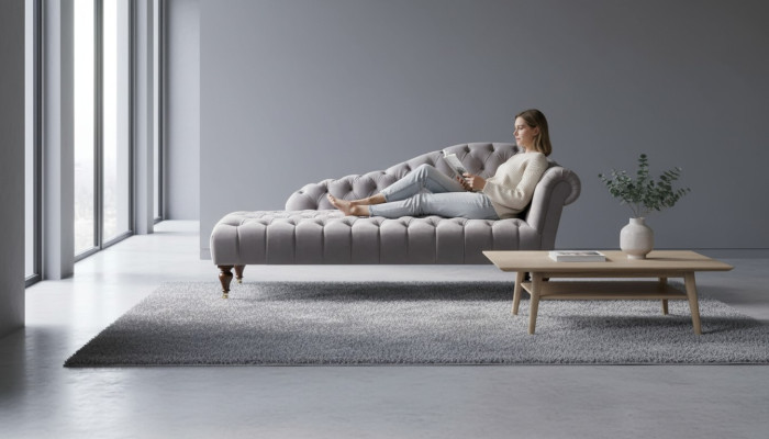 Chaiselongue Muebles clásicos Sofá beige de salón Tela Chesterfield