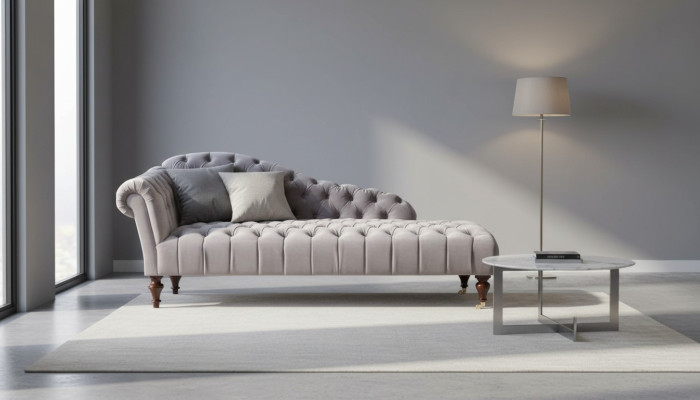 Chaiselongue Muebles clásicos Sofá beige de salón Tela Chesterfield