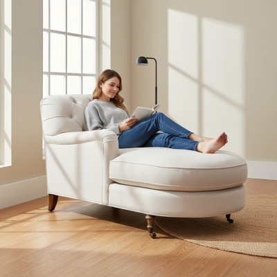Chaiselongue Chesterfield de color beige, muebles de salón modernos.
