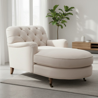 Chaiselongue Chesterfield de color beige, muebles de salón modernos.