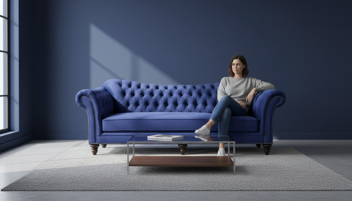 Sofá de diseño moderno para el salón Chesterfield azul, muebles de diseñador en tela.
