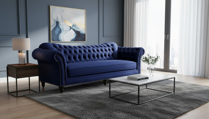 Sofá de diseño moderno para el salón Chesterfield azul, muebles de diseñador en tela.