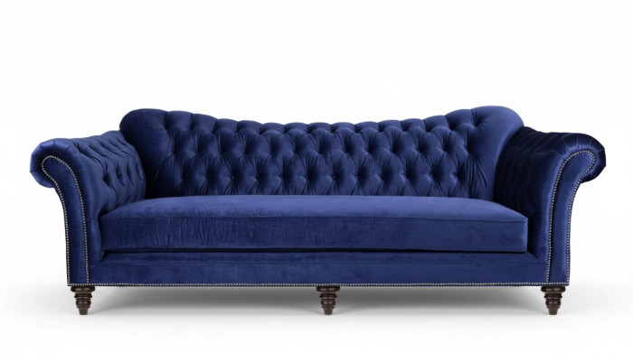 Sofá de diseño moderno para el salón Chesterfield azul, muebles de diseñador en tela.