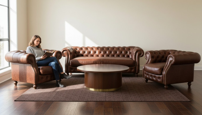 Sofá esquinero Chesterfield marrón conjunto de sillones de esquina para sala de estar.