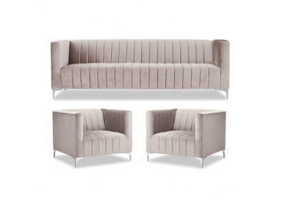 Conjunto de sofás beige Chesterfield, muebles de diseño moderno en tela para el salón.