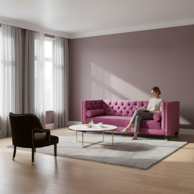 Rosa Chesterfield 2 Sillon negro Textil Diseño moderno Muebles de lujo Juego de sofás Nuevo