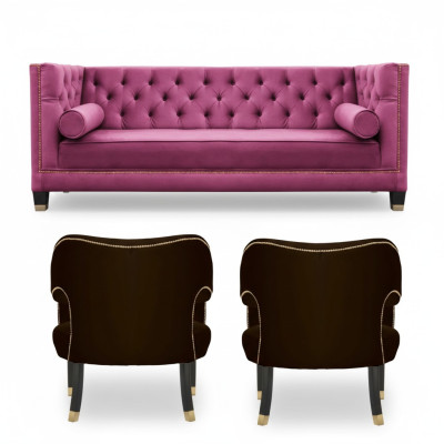 Rosa Chesterfield 2 Sillon negro Textil Diseño moderno Muebles de lujo Juego de sofás Nuevo