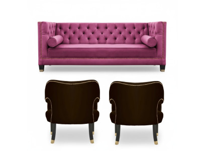 Rosa Chesterfield 2 Sillon negro Textil Diseño moderno Muebles de lujo Juego de sofás Nuevo