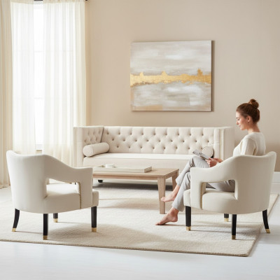 Sofá chesterfield beige de terciopelo, sofá, juego de sofás, sofás, acolchados 3 plazas.
