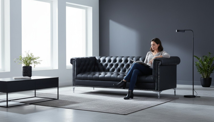 Sofá moderno de diseño Chesterfield de tres plazas de cuero en negro.