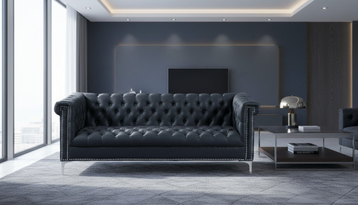 Sofá moderno de diseño Chesterfield de tres plazas de cuero en negro.