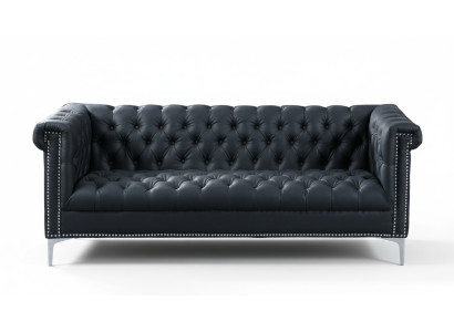 Sofá moderno de diseño Chesterfield de tres plazas de cuero en negro.