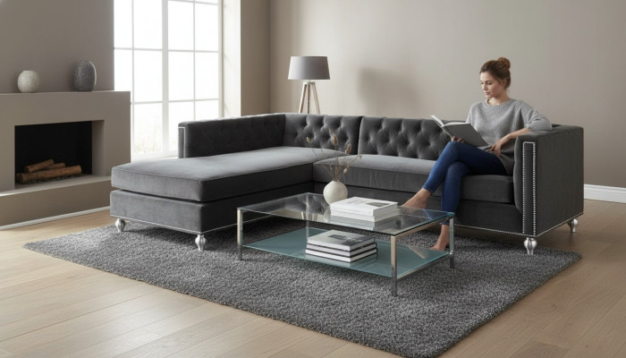 Sofá de esquina salón sofá conjunto de esquina tapizado de terciopelo gris de diseño de muebles.