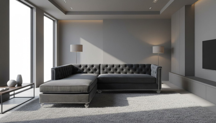 Sofá de esquina salón sofá conjunto de esquina tapizado de terciopelo gris de diseño de muebles.