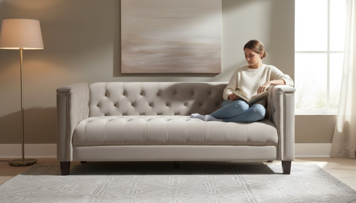 Sofá de diseño moderno Chesterfield de tres plazas en textil gris claro para la sala de estar.