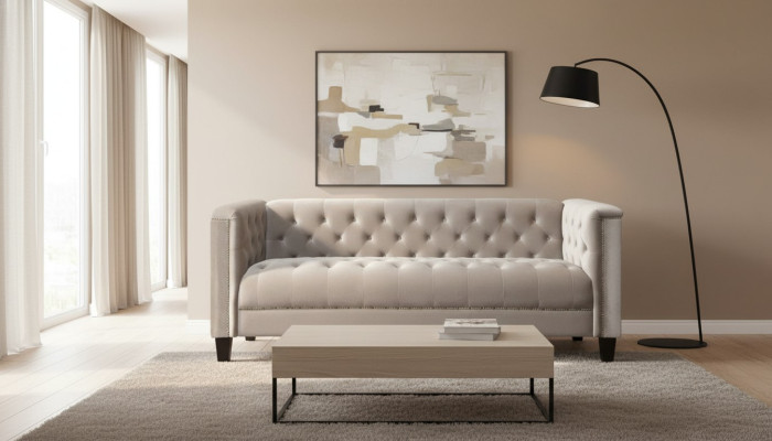 Sofá de diseño moderno Chesterfield de tres plazas en textil gris claro para la sala de estar.