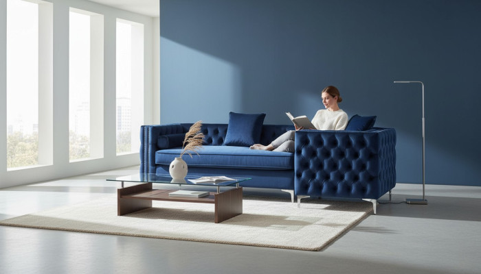 Sofá esquinero azul Chesterfield, sofá de esquina acolchado de terciopelo en tela de diseño de muebles de esquina.