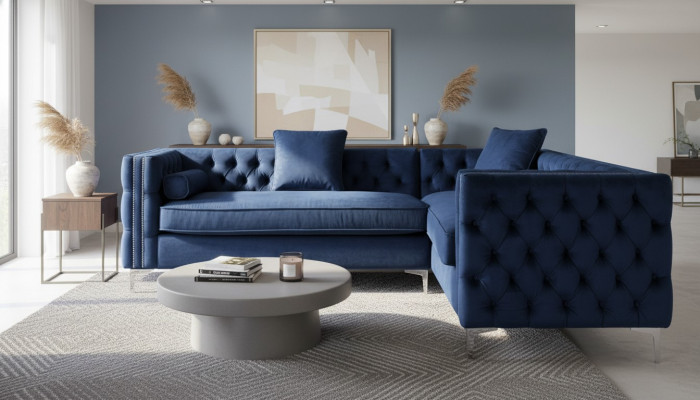 Sofá esquinero azul Chesterfield, sofá de esquina acolchado de terciopelo en tela de diseño de muebles de esquina.