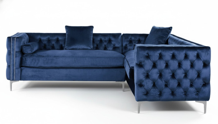 Sofá esquinero azul Chesterfield, sofá de esquina acolchado de terciopelo en tela de diseño de muebles de esquina.