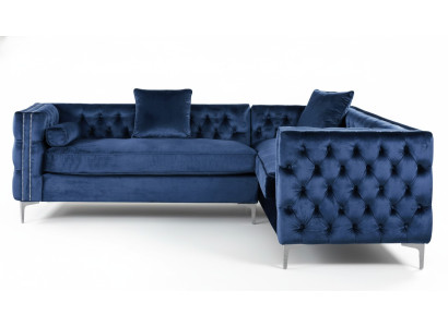Sofá esquinero azul Chesterfield, sofá de esquina acolchado de terciopelo en tela de diseño de muebles de esquina.