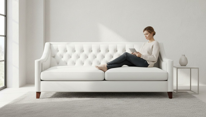 Sofá Chesterfield de tres plazas blanco de diseño moderno en textil, nuevo y original.