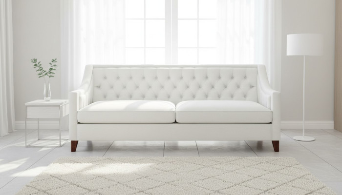 Sofá Chesterfield de tres plazas blanco de diseño moderno en textil, nuevo y original.