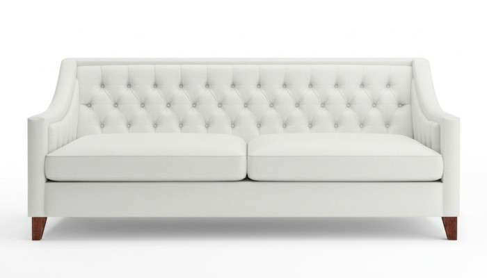 Sofá Chesterfield de tres plazas blanco de diseño moderno en textil, nuevo y original.
