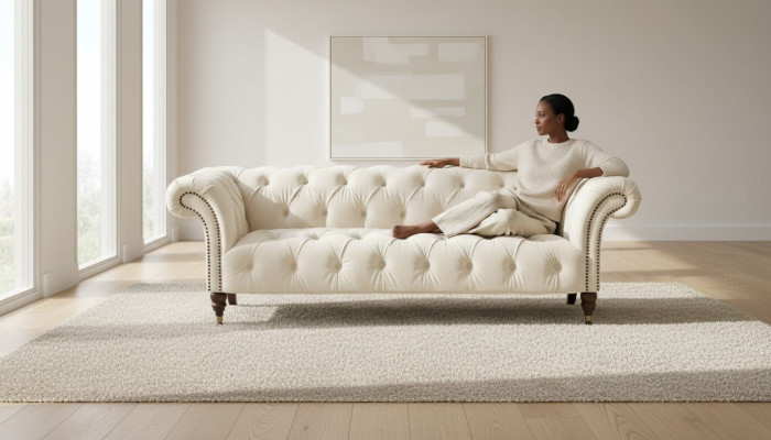 Beige Chesterfield de tres plazas, diseño moderno, sofá de tela, muebles de diseñador.