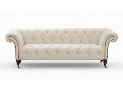 Beige Chesterfield de tres plazas, diseño moderno, sofá de tela, muebles de diseñador.